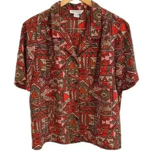 Impressions Of California Aztec Geometric Tiki Red Vintage Shirt size 14, 1970s